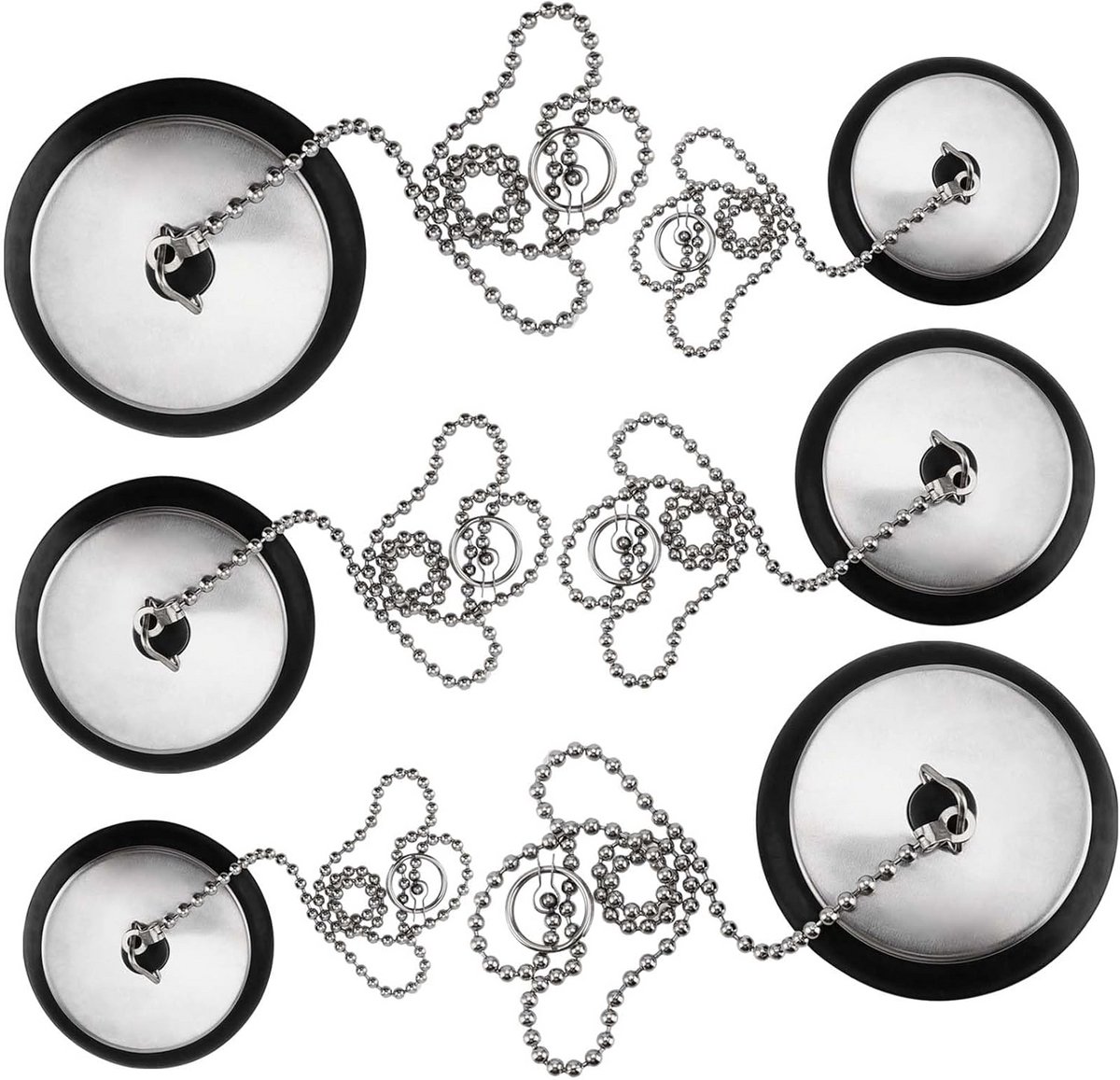 Badstekker Set - Gootsteenplug Rubber - Water Dicht Maken - Met Kogelketting - 3 Maten - Zwart