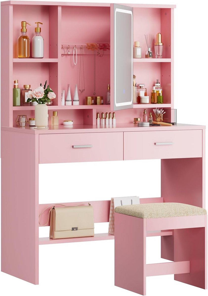 Kaptafel met LED - Make-up bureau - Snel klaarmaken - Verstelbare spiegelverlichting - 40 x 90 cm - Roze Wit