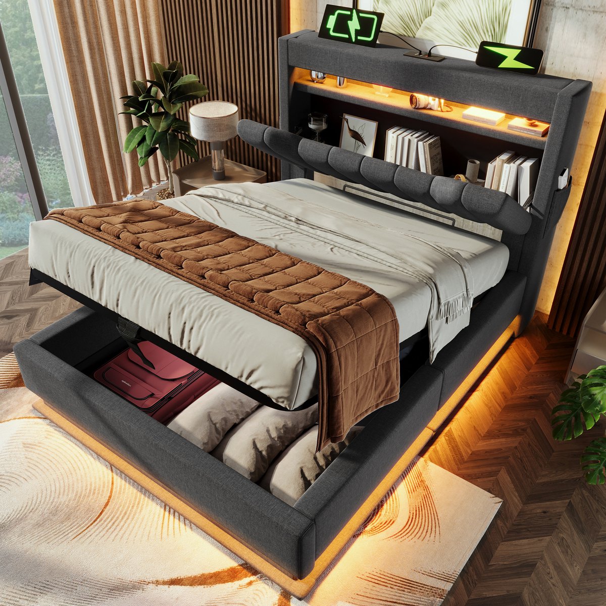 DESMIU Gestoffeerd Bed 90x200cm – Bed Met Ledverlichting En Oplaadfunctie – Hydraulische Opbergruimte En Hoofdbordvak – Voor Slaapkamer – Linnen – Grijs (Zonder Matras)
