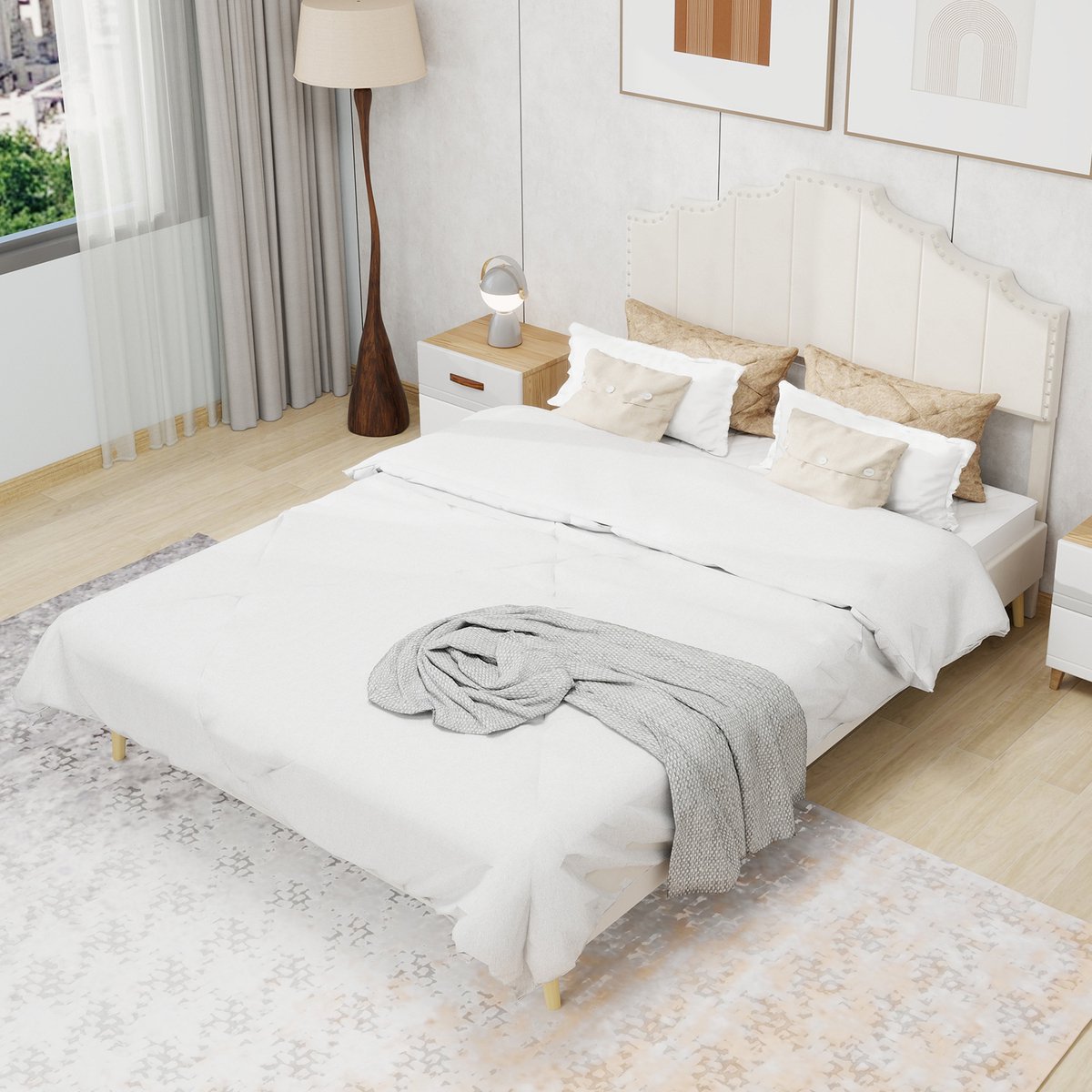 DESMIU Gestoffeerd Bed 160 cm x 200 cm – Modern Hoofdbord Met Geometrisch Design – Stevig Ribbed Bedframe – Voor Slaapkamer – Stof En Metaal – Beige – Zonder Matras