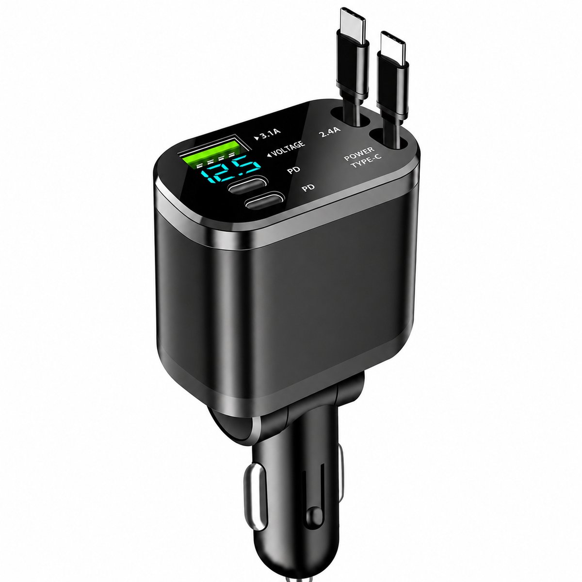 Autolader - 5in1 - Intrekbare Kabels - Autolader USB-A - USB-C - Lightning - 3 Poorten - Compact - Auto Snellader - Auto Oplader - Sigaretten Aansteker Adapter - Autoaccessoires - Snellader