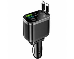Autolader - 5in1 - Intrekbare Kabels - Autolader USB-A - USB-C - Lightning - 3 Poorten - Compact - Auto Snellader - Auto Oplader - Sigaretten Aansteker Adapter - Autoaccessoires - Snellader - Opladers