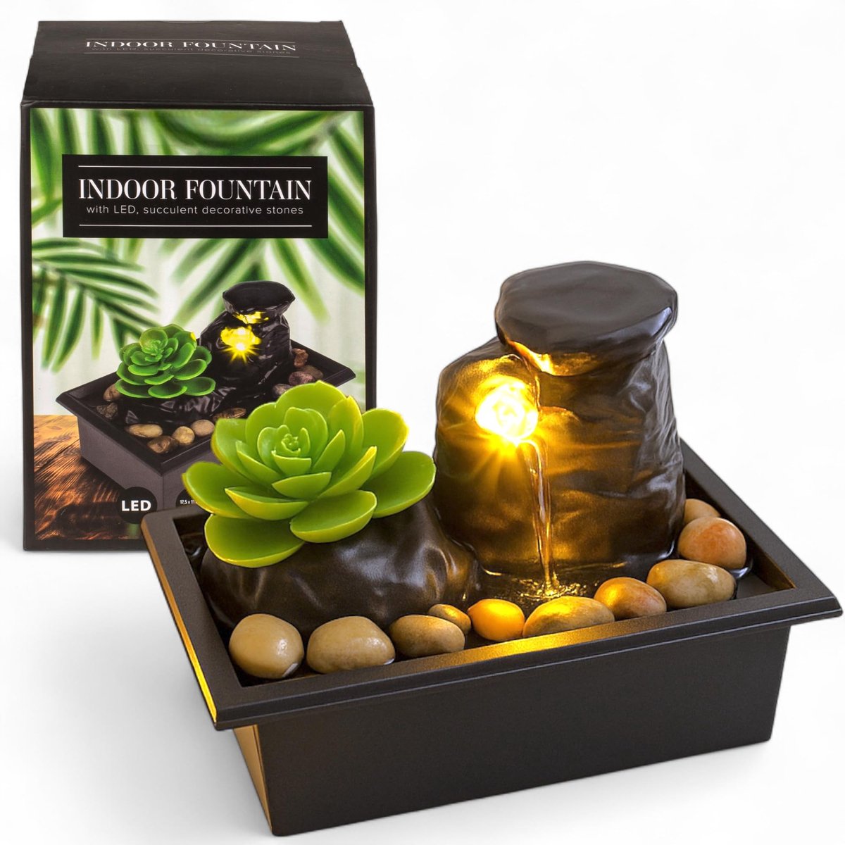 Dailygoods- Kamerfontein met ledverlichting - Tafelfontein - Kunstvetplanten - Decoratieve stenen - Batterijwerking - Compact 17,5 x 11 x 11,5 cm