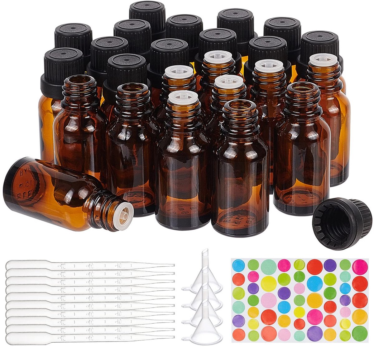 Dailygoods- Essentiële Olieflessen 24 Pack - 15ml Bruine Glas - Navulbare Containers - Plastic Druppels - Trechter - UV-bescherming
