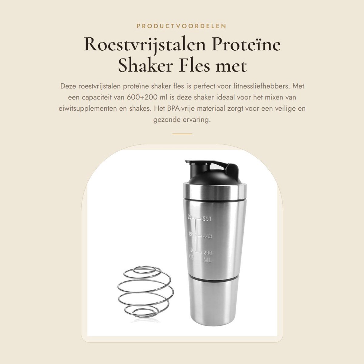 Dailygoods- Proteïne Shaker Roestvrij Staal 600/200 ml - BPA-vrij - Dubbelwandig - 2-in-1 Ontwerp - Maatbeker - Bewaarbakje - Eiwitshaker