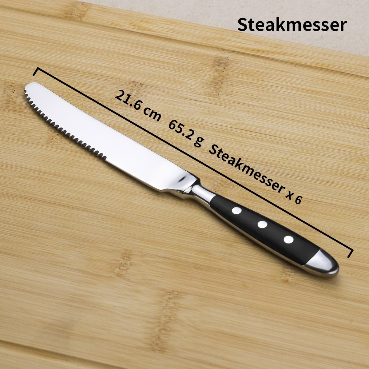 Dailygoods- Steakmessen Set 6 Stuks - Scherpe Steakbestek - Zwarte Handgrepen - Gepolijst Roestvrij Staal - Golfsnede - Hittebestendig Bakeliet - Bestekset