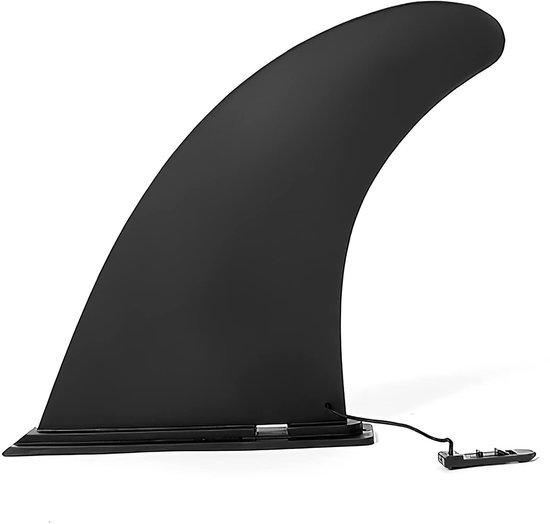 Zwarte surfplank vin, met afmetingen.