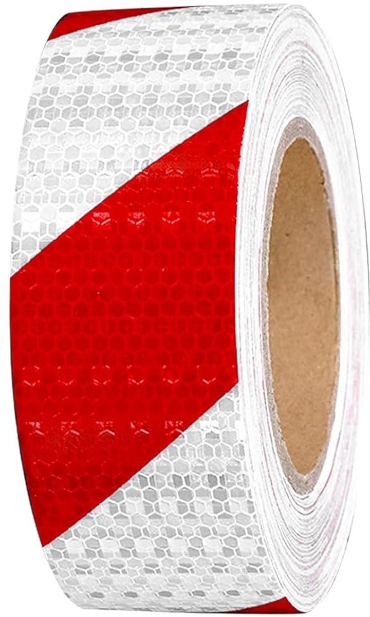 Reflecterende band - 12 meter lang - 5 cm breed - zelfklevend - rood/wit - voor veiligheidswaarschuwingsmarkeringen