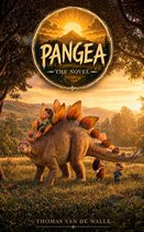 Een jongen zit op de rug van een stegosaurus, met twee kinderen die hem volgen door een zonnig landschap. De titel 'PANGEA' staat bovenaan.
