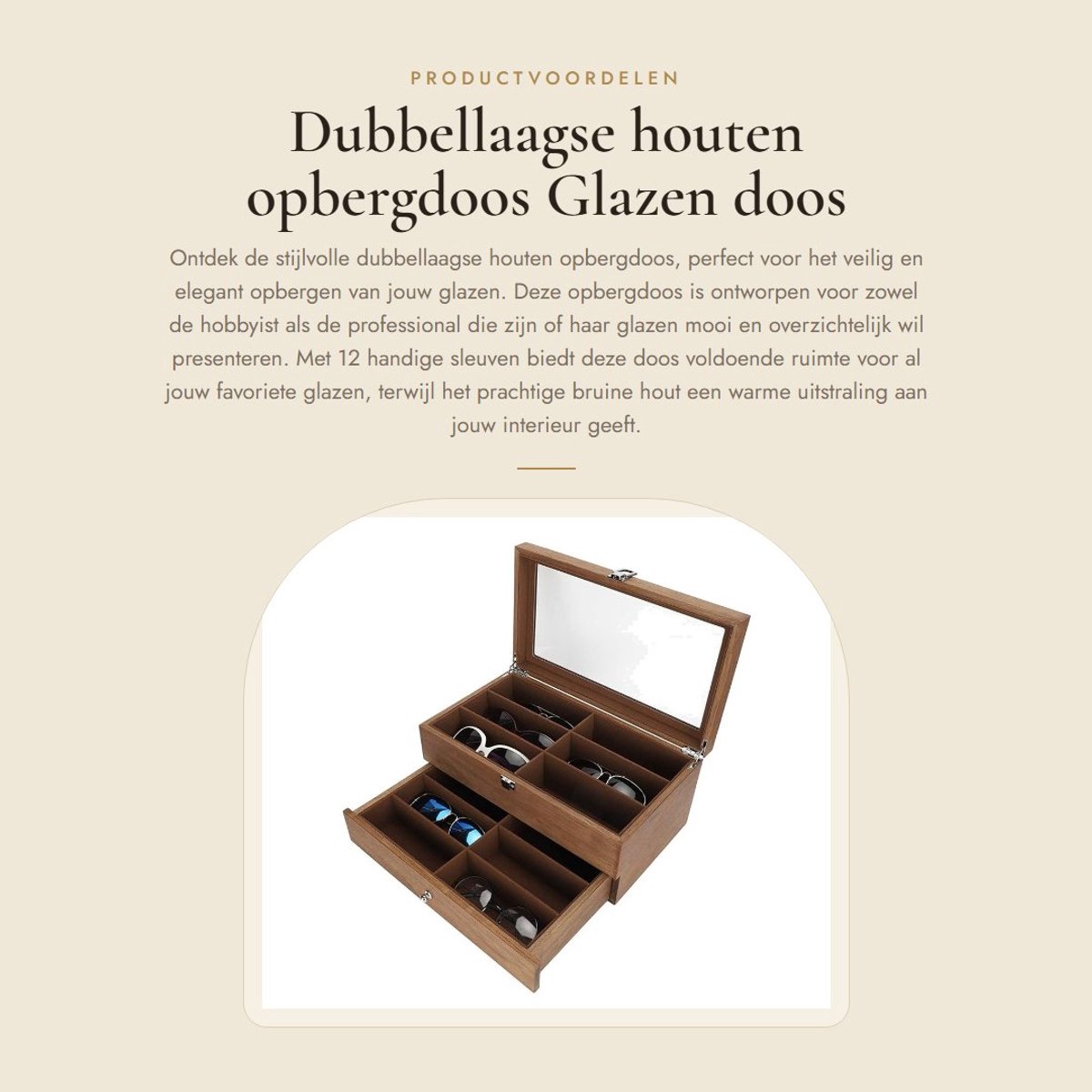 Dailygoods- Opbergdoos Dubbellaags Hout - Glazen Doos met 12 Sleuven - Vitrinekast - Huisdecoratie - Afwerkingsgereedschap - Duurzaam Materiaal - Glazenkast