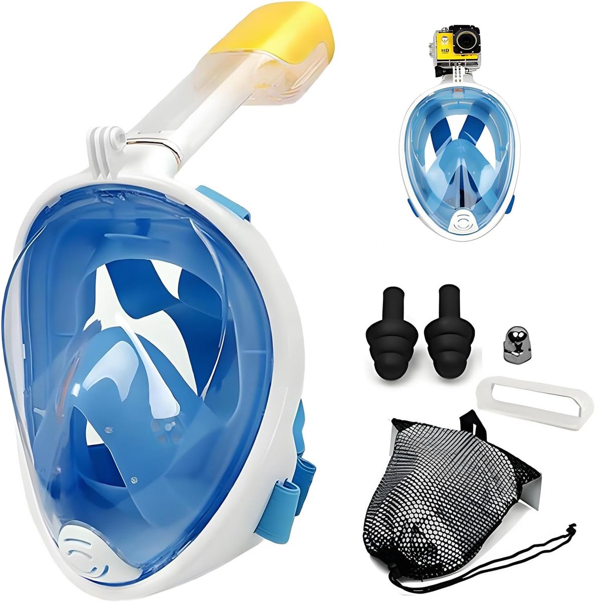 Volledig gezichtsmasker Geschikt voor snorkelen, Geschikt voor beginners, zorgt Geschikt voor vrije ademhaling, 180 graden panoramisch zicht, is anti-condens en lekvrij, waardoor het het perfecte zomercadeau is. (Blauw)
