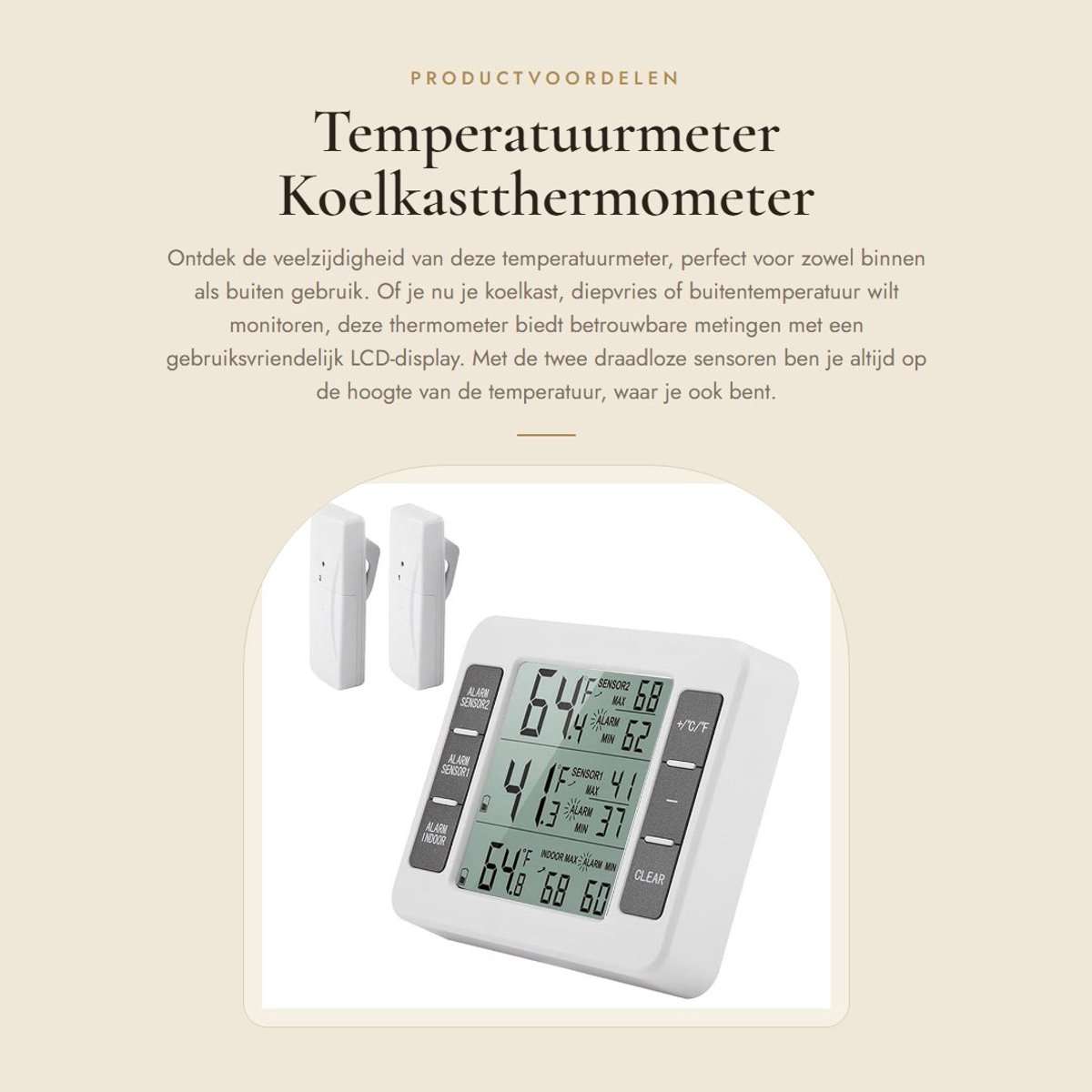 Dailygoods - Temperatuurmeter - Koelkastthermometer - Draadloos met Akoestisch Alarm - LCD-display - Buitenthermometer - Voor Binnen en Buiten - 2 Sen...
