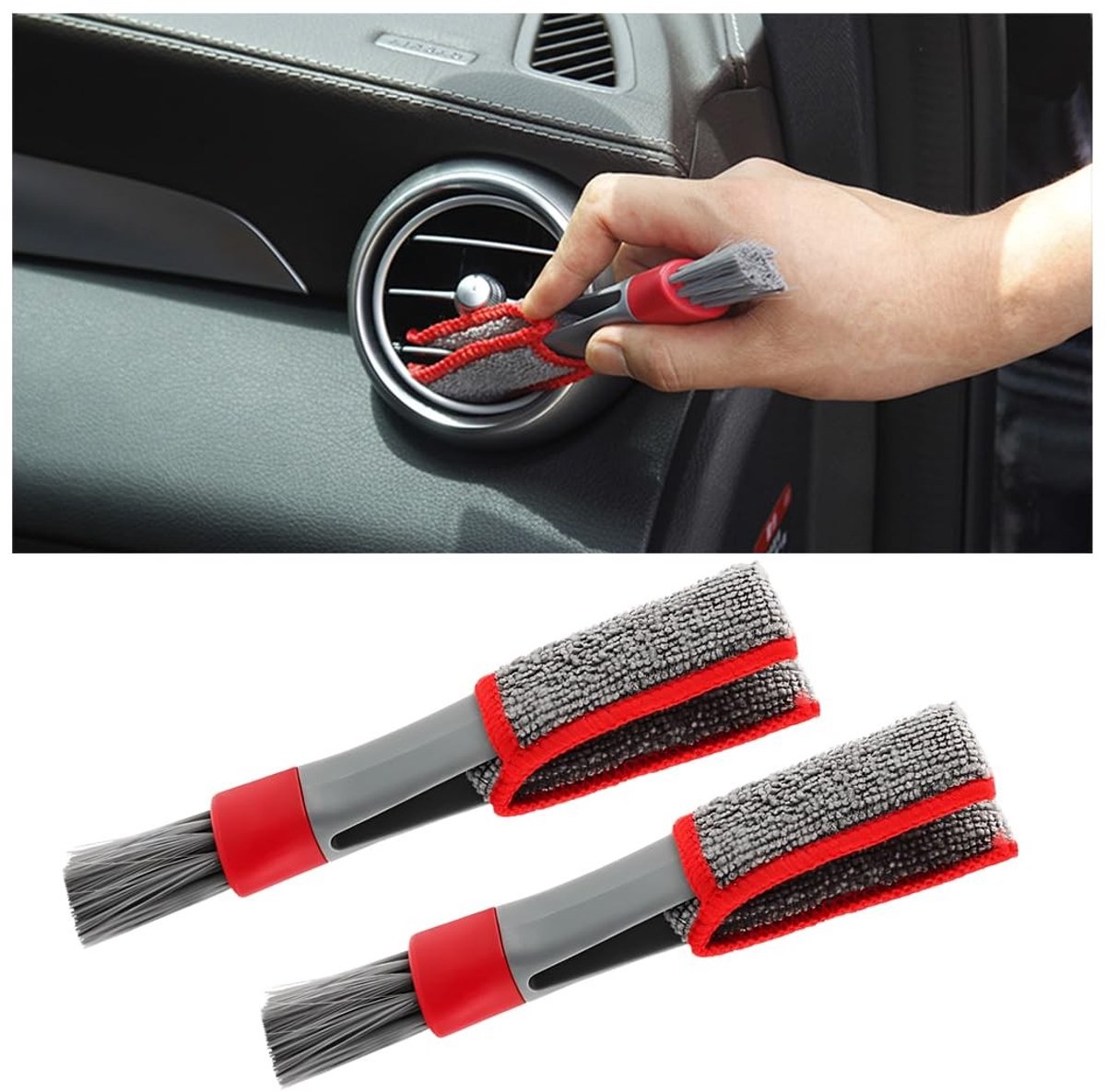Dailygoods- Auto-reinigingsborstel Dubbele Kop - Mini-Plumeau - Auto-Detailborstel - Reinigingsborstel voor Ventilatiesleuven - Set van 2 Stuks - Duurzaam en Lichtgewicht - Autoborstel