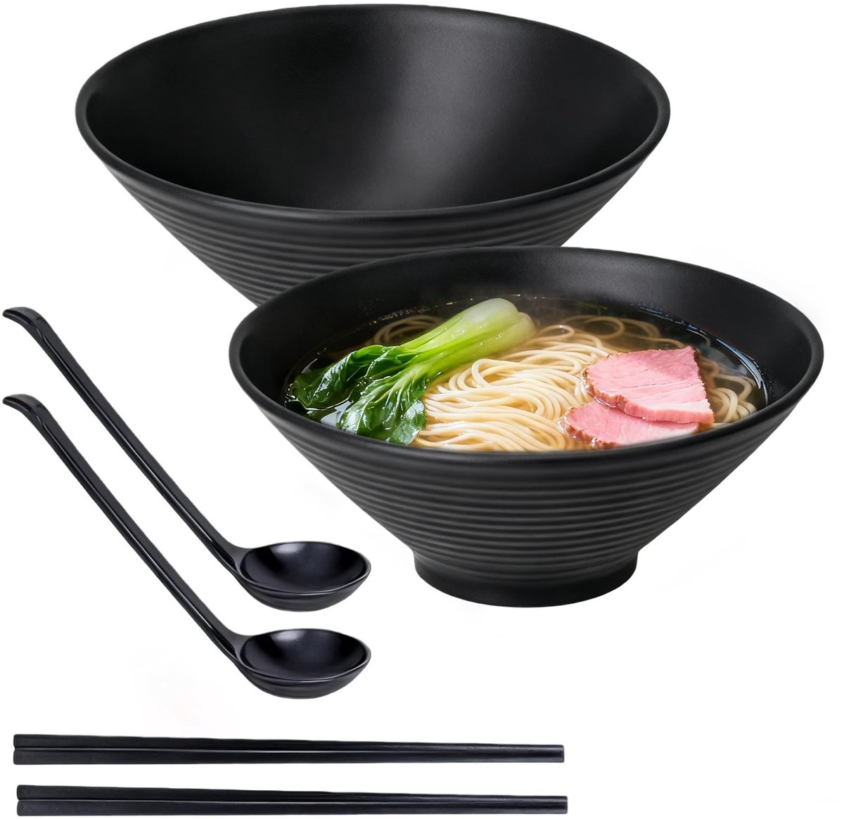 Dailygoods- Kommen Set van 6 - Japanse Ramenkommen - Eetstokjes en Lepels - Temperatuurbestendig - 1100 ml - Zwart Melamine - Ramenkom