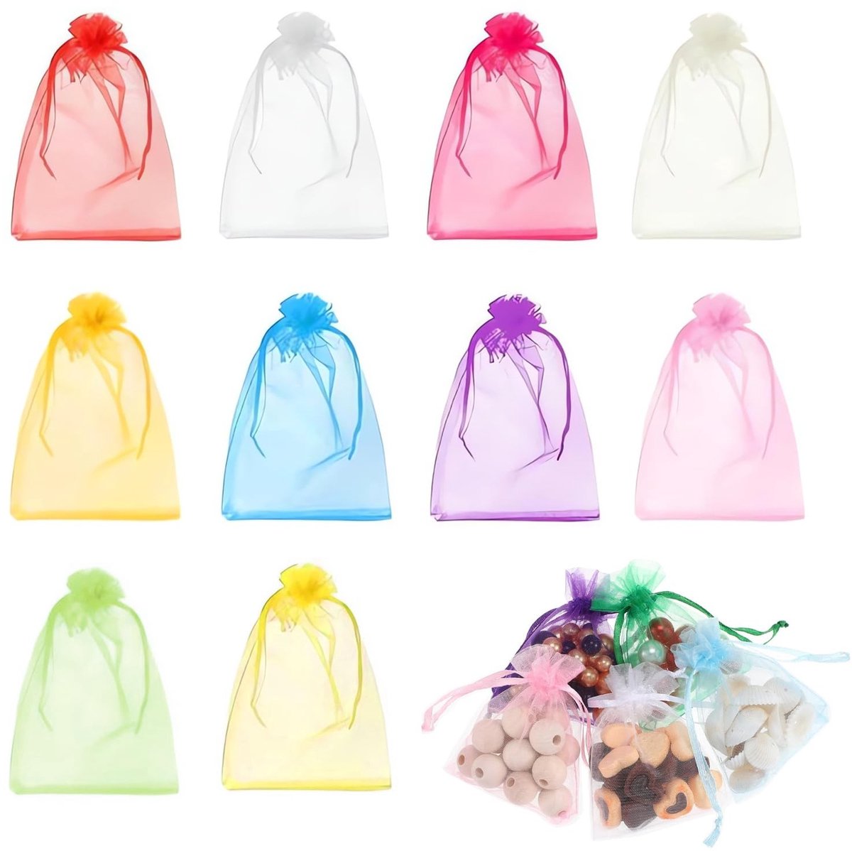 Dailygoods- Organza Zakjes 100 Stuks - 7 x 9 cm - Sieraden/ Geschenkzakjes - Transparant - Kleurrijk - Trekkoord van Satijn - Cadeautas