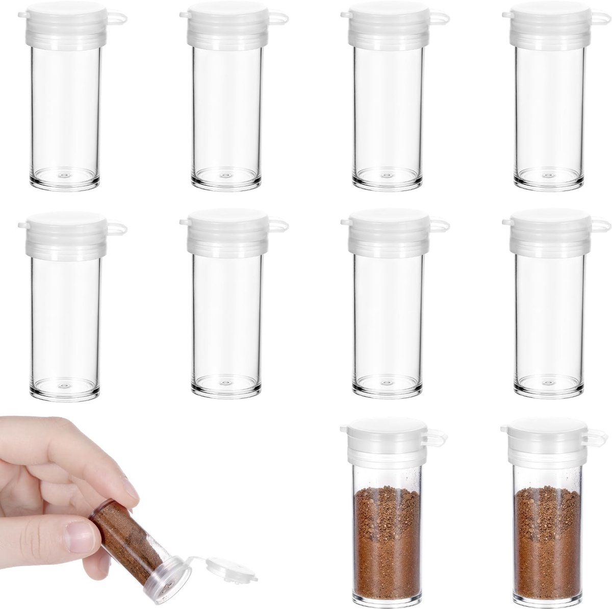 Dailygoods- Zoutvaatje Klein - Zoutstrooier - Pepervaatje - Mini-Kruidenflessen - Transparant Plastic - 10 Stuks, 45 x 18 mm - Kruidenvaatje