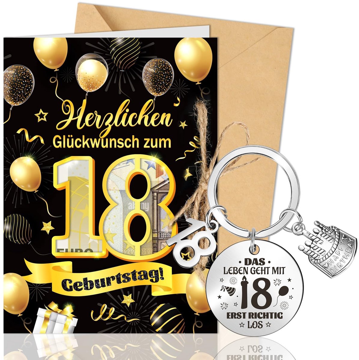 Dailygoods- Verjaardagswenskaart 18e verjaardag - Wenskaarten set - Geschenken - Sleutelhanger - Enveloppen - Geluksbrenger - Wenskaart
