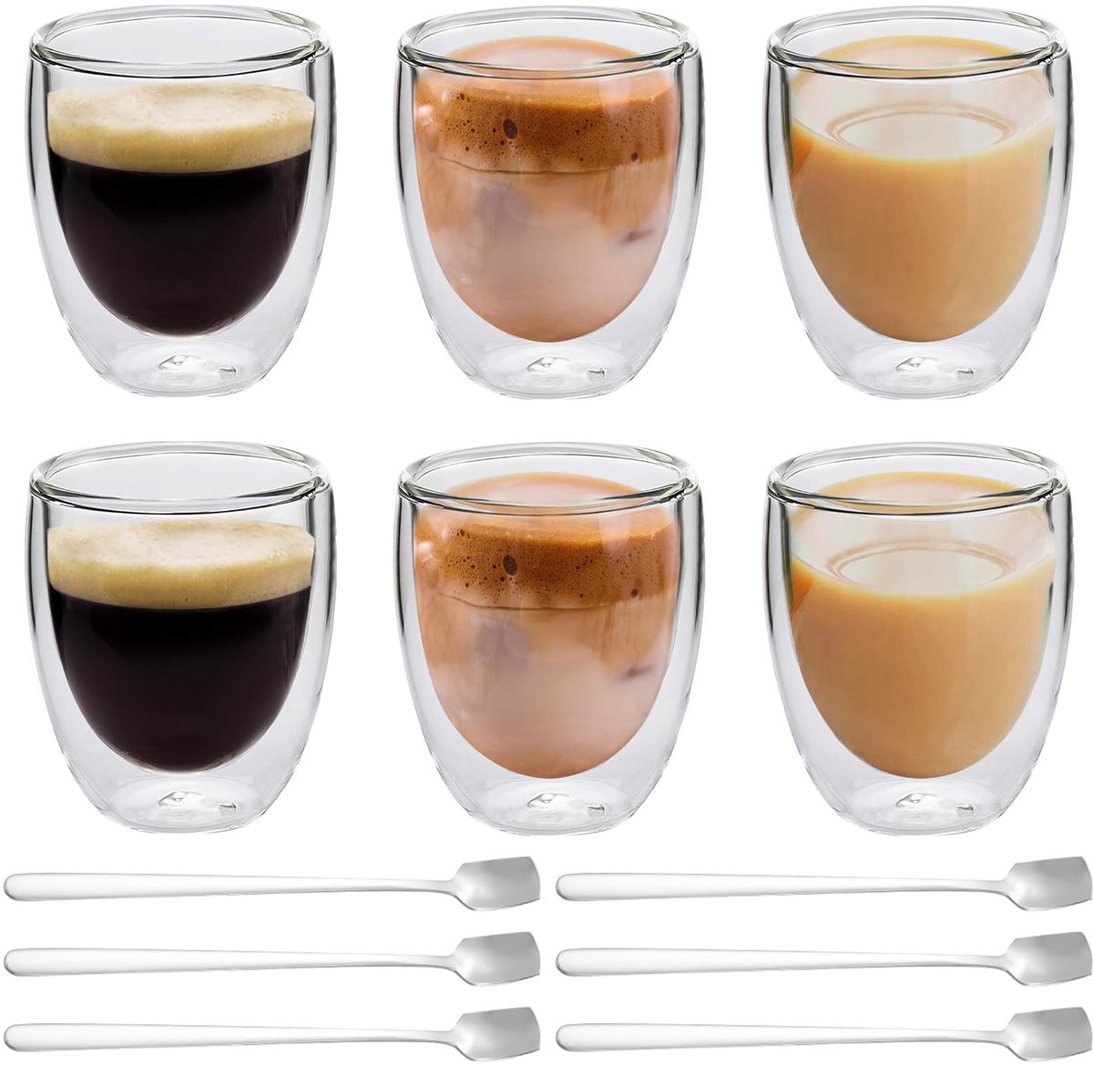 Dailygoods- Espressokopjes Set van 6 - Dubbelwandig - Vaatwasserbestendig - Magnetronbestendig - Koffielepels - Optimale isolatieprestaties - Koffiekopjes