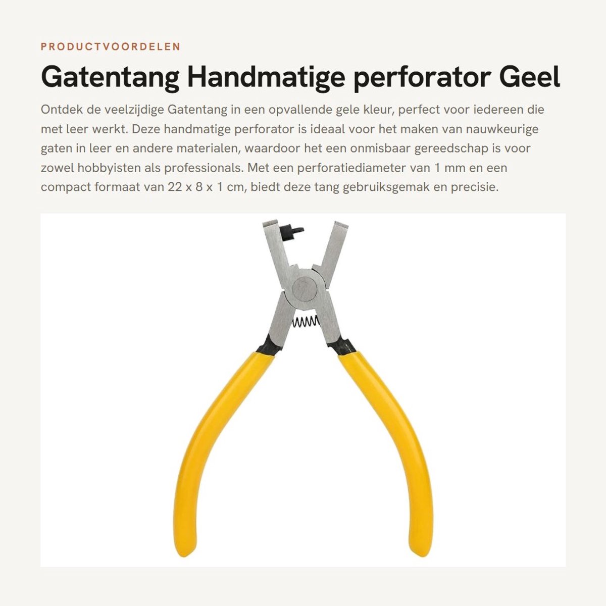 Dailygoods - Gatentang - Handmatige perforator - Geel - Leerbewerking - 1 mm perforator - Geschikt voor leer - 22 x 8 x 1 cm