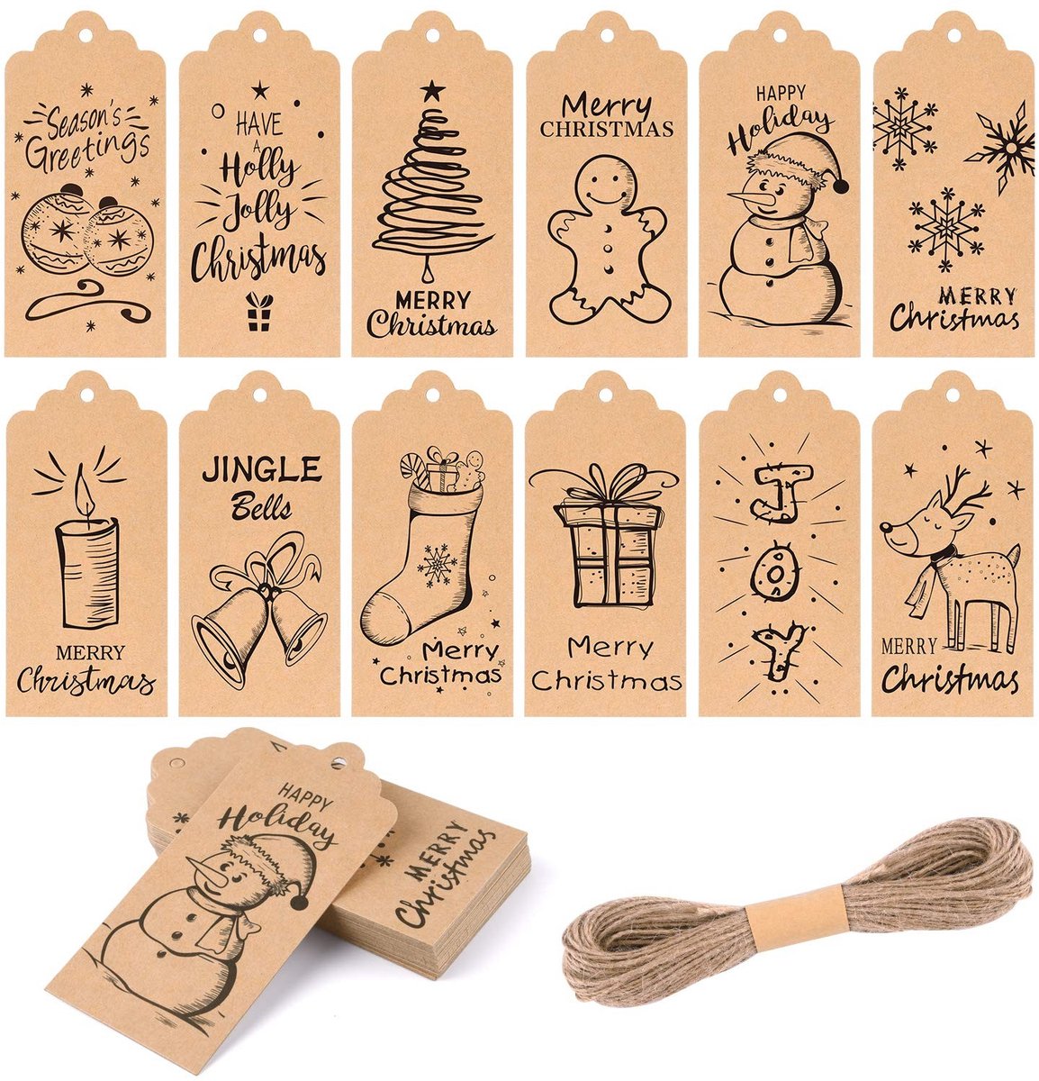 Dailygoods- Kersttags 120 Stuks - Kraftpapier - Hangtouw 20 Meter - Retro Design - Cadeaubon/Etikettering - 9,5 x 4,5 cm - Cadeautags