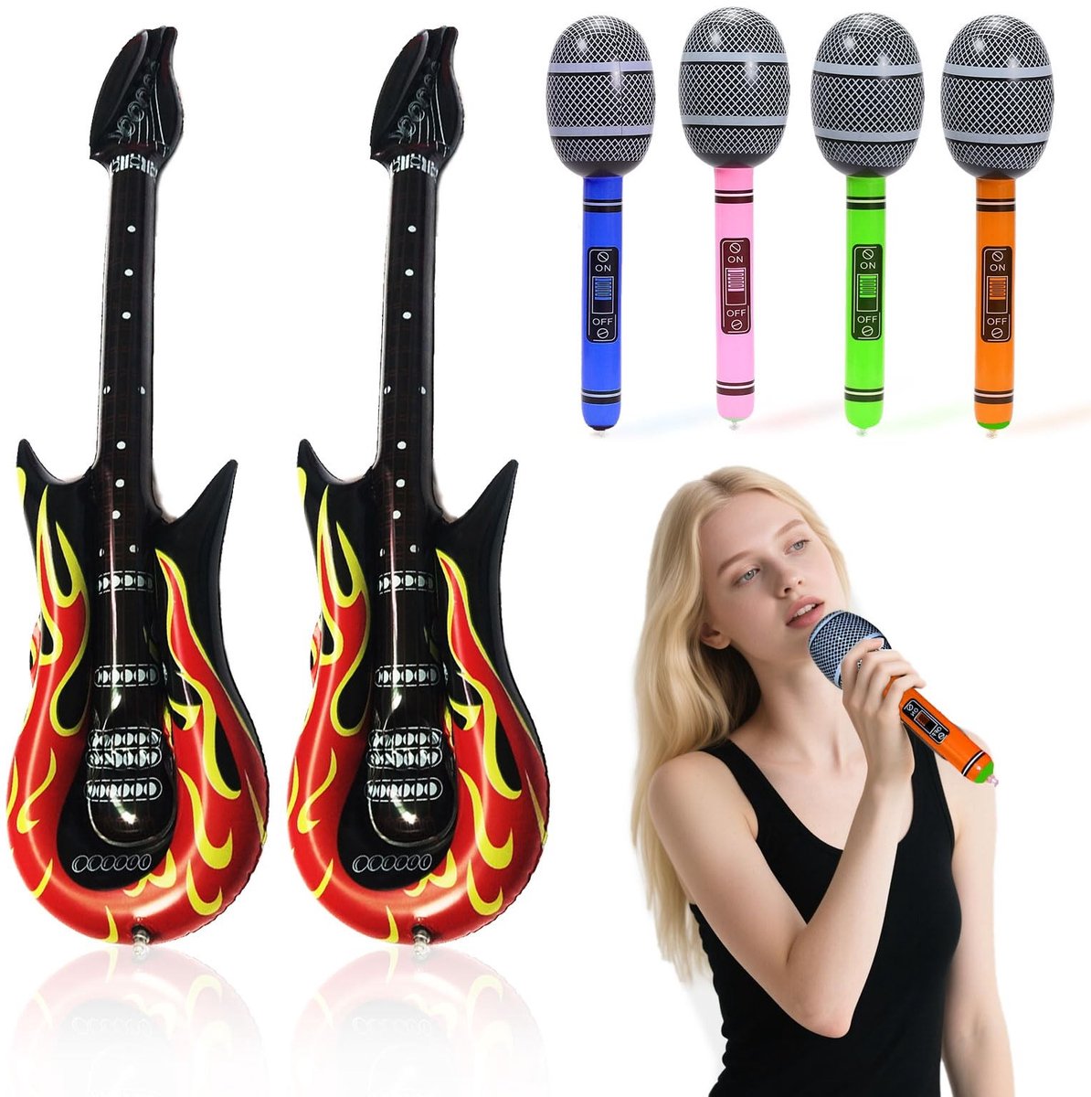 Dailygoods- Opblaasbare Vlamgitaar - Feestaccessoires - Feestversiering - Microfoonspeelgoed - Punk Rocker - Themafeesten - Set van 6 Stuks - Feestartikelen