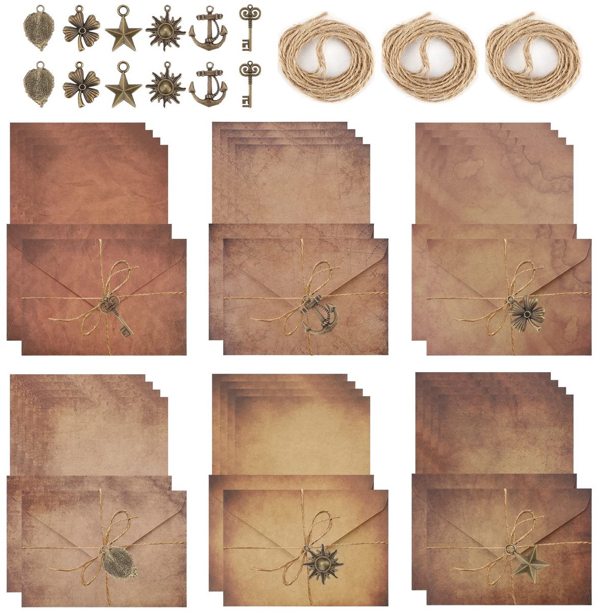 Dailygoods- Enveloppen Vintage Set - 60 Stuks - Briefpapier A5 - Antiek Kraftpapier - Retro Enveloppen - Metalen Hangers - Jute Touw