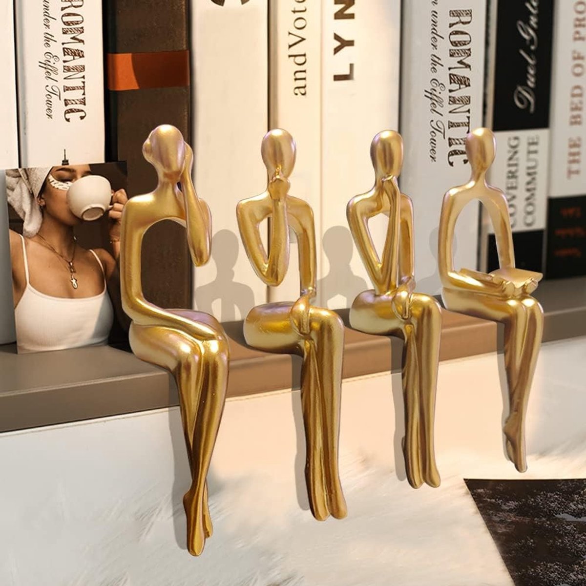 Dailygoods- Denker Standbeeld Gouden Kleur - Abstracte Beeldjes - Decoratie voor Binnen - Set van 4 Stuks - Hoogwaardig Hars - 17cm Hoog