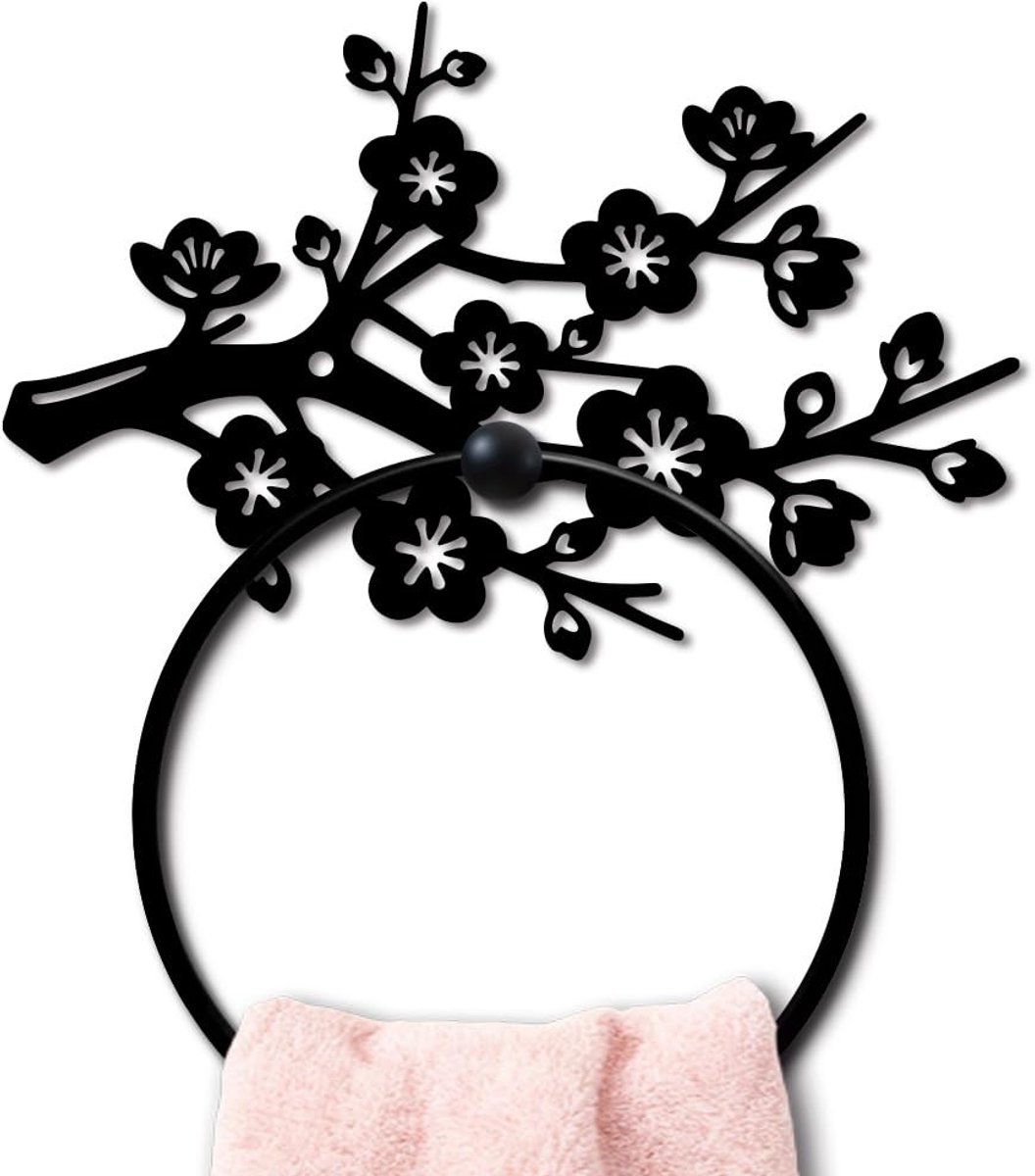 Dailygoods- Handdoekhouder Zwart - Handdoekring - Metalen Ring - Kersenbloesem Design - 20 × 13 cm - Duurzaam Materiaal