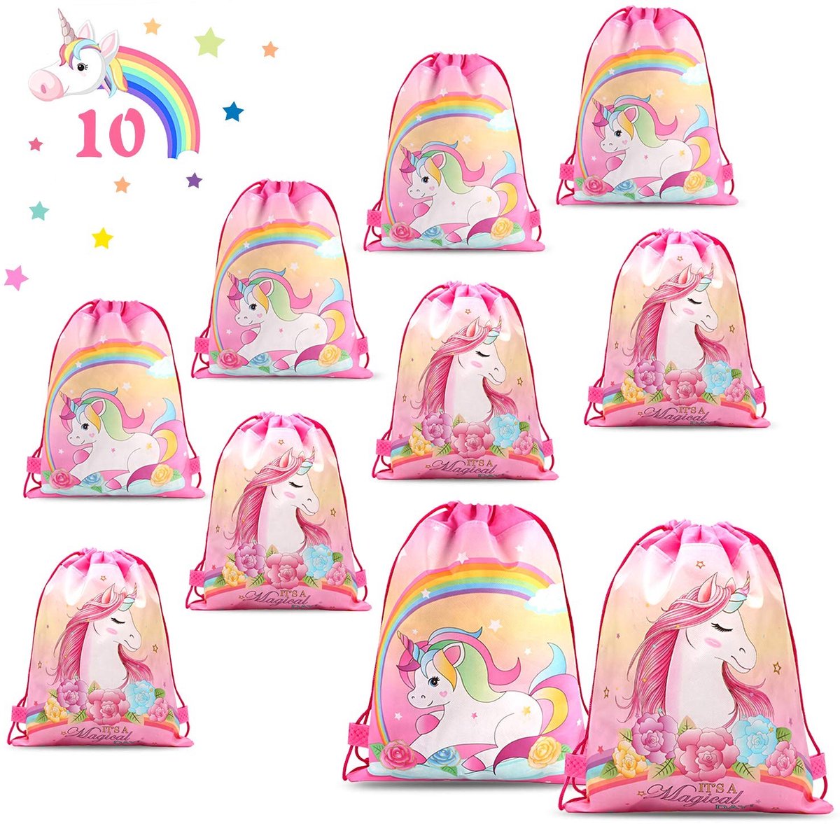 Dailygoods - Eenhoorn Trekkoord Tas - Meisjes Rugzak - Dubbelzijdig Gedrukt - 10 Stuks - Perfect voor Verjaardagsfeestje - Gunst Zakken - Waterdicht