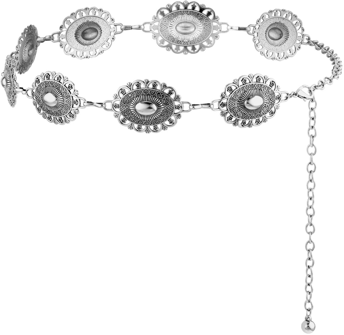 Dailygoods- Heupketting Verstelbaar - Boho/Cowgirl Riem - Metalen Kettingriem - Zinklegering - Vintage Ontwerpen - Totale Lengte 115 cm