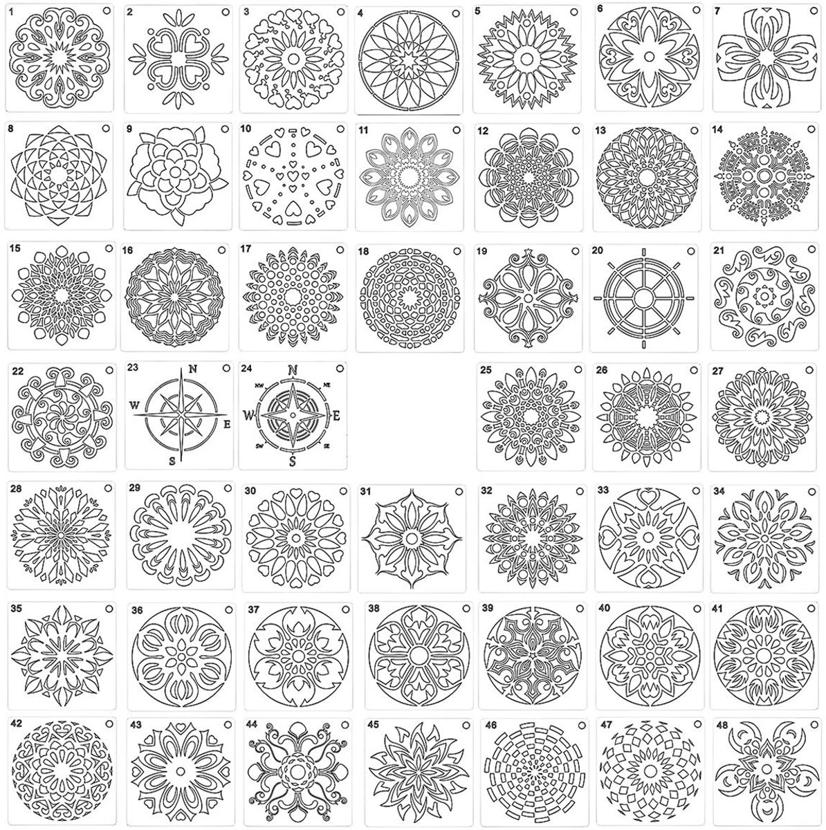 Dailygoods- Mandala-sjablonen 48-delig - Herbruikbare sjablonen - Decoratie - Schilderen - Flexibel - Duurzaam PET-materiaal