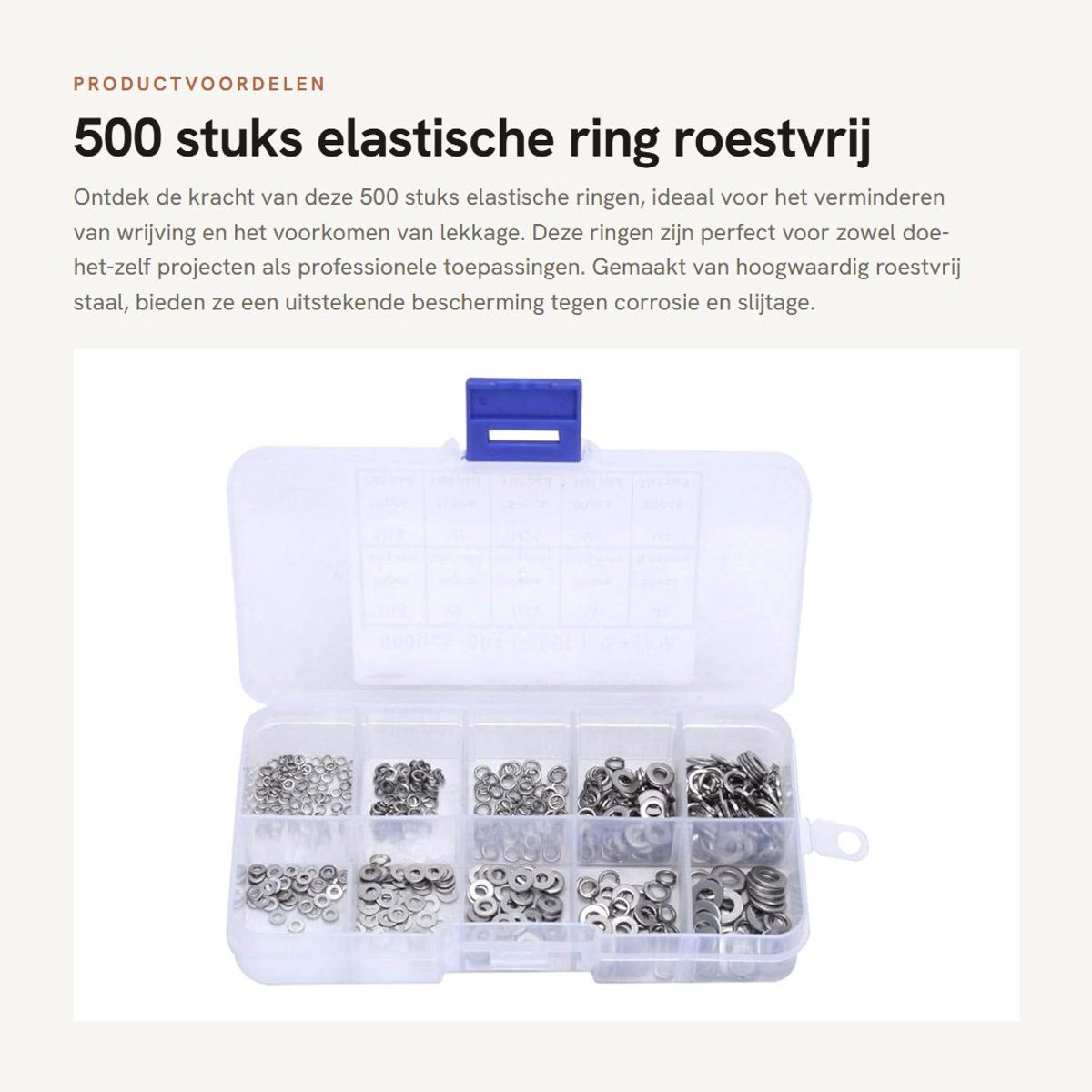 Dailygoods- Elastische Ring - 500 Stuks - Roestvrij Staal - Platte Wasmachine/Veer - Anticorrosie - Diverse Maten - Inclusief Opbergdoos - Pakkingen