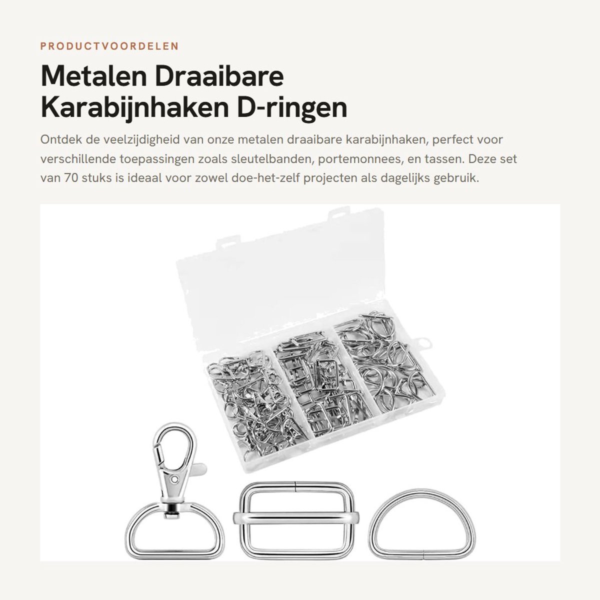 Dailygoods- Karabijnhaken 70 Stuks - Draaibaar - Triglide-Schuifgespen - Sleutelband - Hondenhalsbanden - Robuust Materiaal - Haakjes