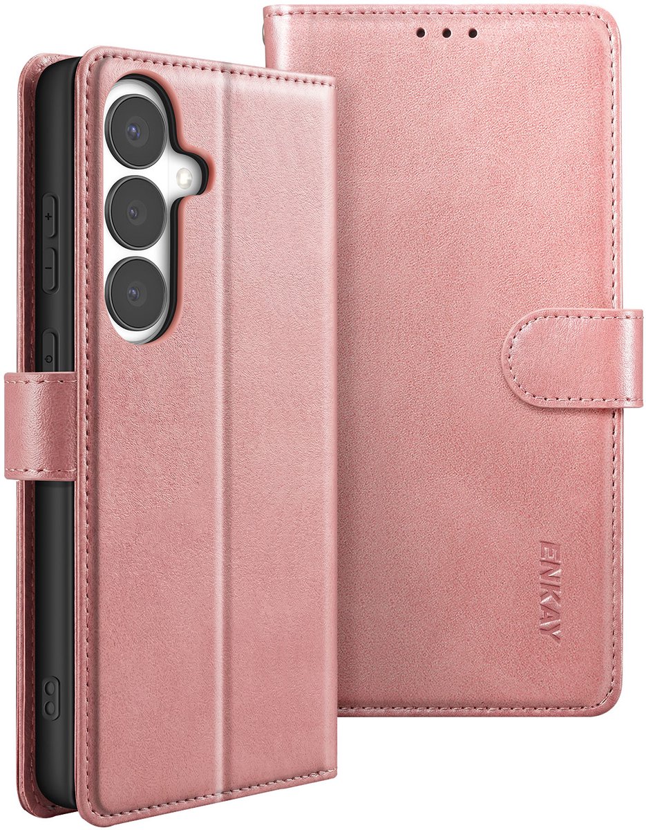 ENKAY, Étui Portefeuille pour Geschikt voor Samsung Galaxy S26 avec Verre Trempé et Dragonne, Roze