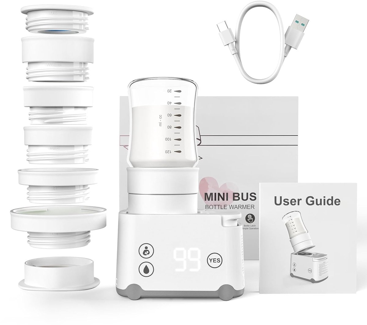 Smily Mia Draagbare Flesverwarmer Baby Onderweg - Reis Babyflesverwarmer voor Moedermelk en Flesvoeding - 6 Universele Adapters - Lekvrij - 5 Temperatuurstanden - Sterilisator - USB Oplaadbaar