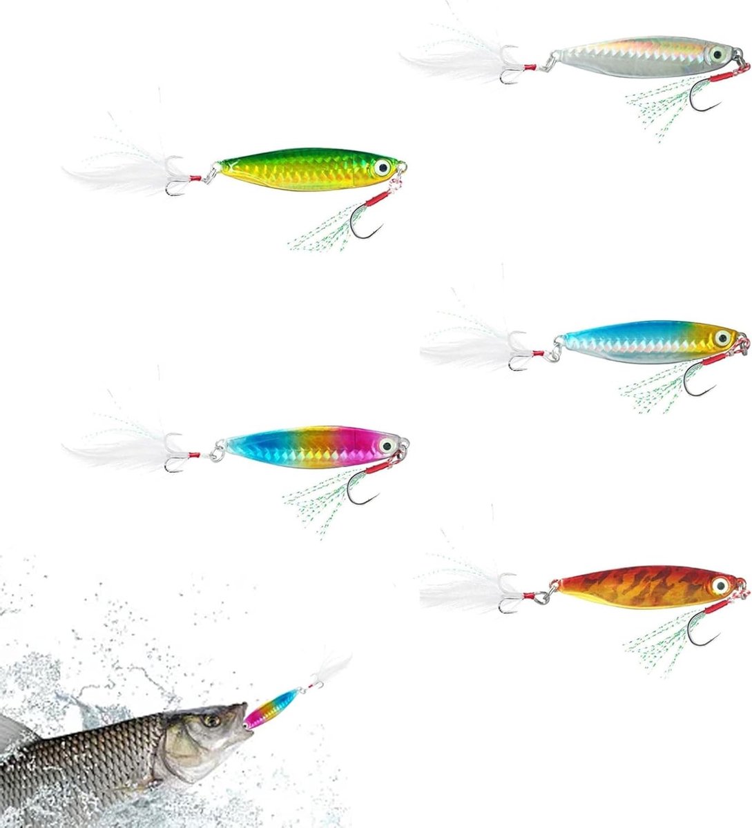 Realistische 5-delige Swimbait Set met Sequins en Veren, Perfect voor Vissen in Moerassen, Rivieren en Zoutwater