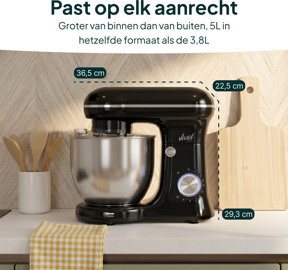Vivid Green 1500W Keukenmixer - 5L Mengkom - Zwart thumbnail 3