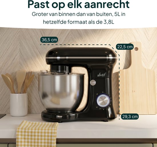Vivid Green 1500W Keukenmixer - 5L Mengkom - 10 Snelheden - Keukenmachine - Keukenrobot - Zwart