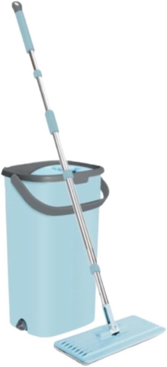 Platte Dweil Set - Dweil met Emmer - Vloeren Reinigen - Handsfree Knijpsysteem - 130 cm - Blauw
