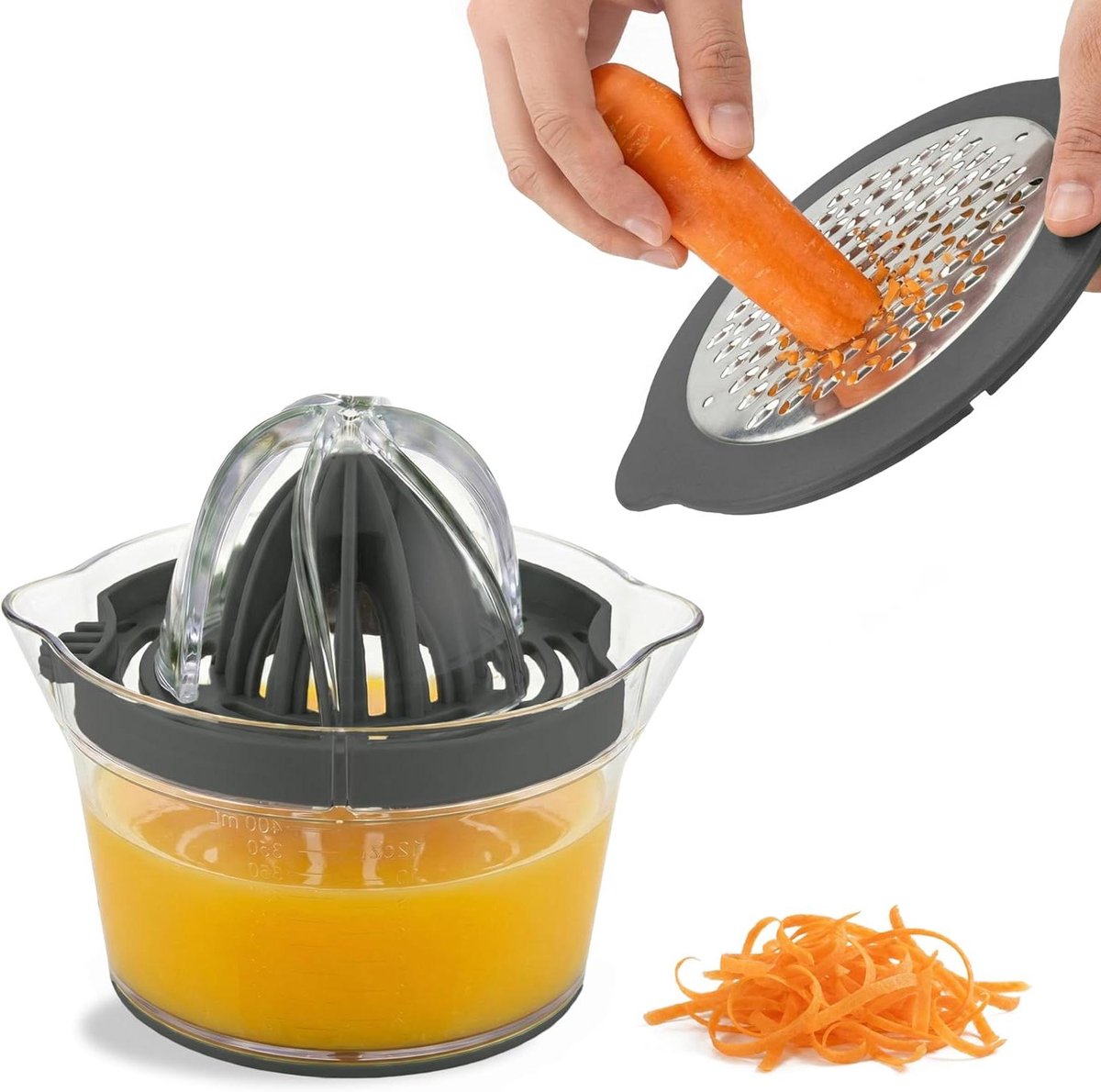 Citruspers Met Maatbeker - Keuken Gadget - Sap Extraheren - 5-in-1 Multifunctioneel - 12 oz - Grijs