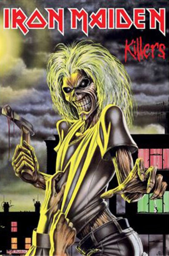 Eddie van Iron Maiden houdt een hamer vast in de Killers albumhoes.