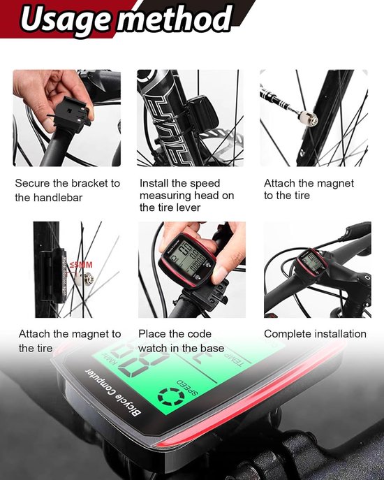 Fietscomputer - Fietskilometerteller - Snelheidsmeter - Kilometerteller Fiets - Bedrade Fietscomputer - Waterdicht - HD-snelheidsmeter - Achtergrondverlichting - 19 Functies - MTB-kilometerteller - voor MTB Racefiets - Zwart-rood van Fietscomputer. — afbeelding 5