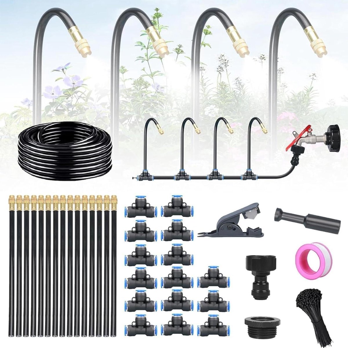 Automatisch Irrigatiesysteem - Tuin bewatering Slim sproeien - Planten water geven - 360° gelijkmatige dekking - 49.2ft set - Zwart