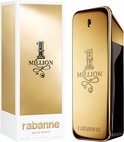 Gouden parfumflesje en doosje met '1 Million' en 'rabanne' logo's.