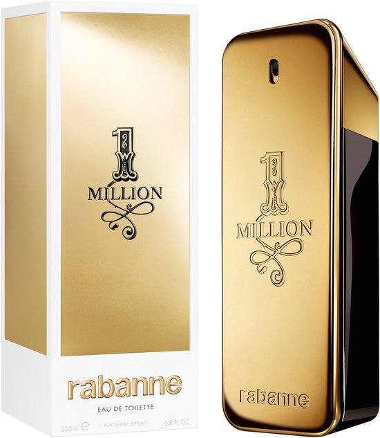 Gouden parfumflesje en doosje met '1 Million' en 'rabanne' logo's.