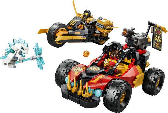 LEGO Ninjago speelgoed: rode buggy, gouden motor en een witte monster figuur.