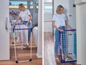 Collage: vrouw droogt kleding op een rek in een woonkamer en vouwt het rek op bij een kast.