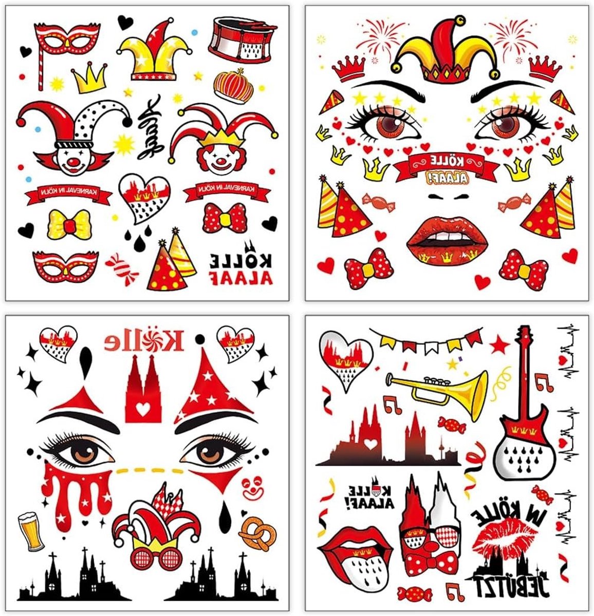 4 Stuks Gezichts Tatoeages voor Carnaval - Stickers en Accessoires voor Kostuums in Rood en Wit