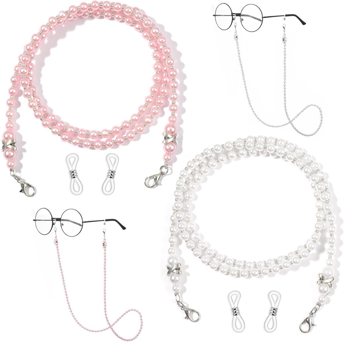 JeiibrZui Brillenketting Dames - Verstelbaar En Lichtgewicht - 2 Stuks - Wit En Roze - Voor Bril Zonnebril En Masker - Elegant Accessoire Voor Dagelijks Gebruik En Cadeau