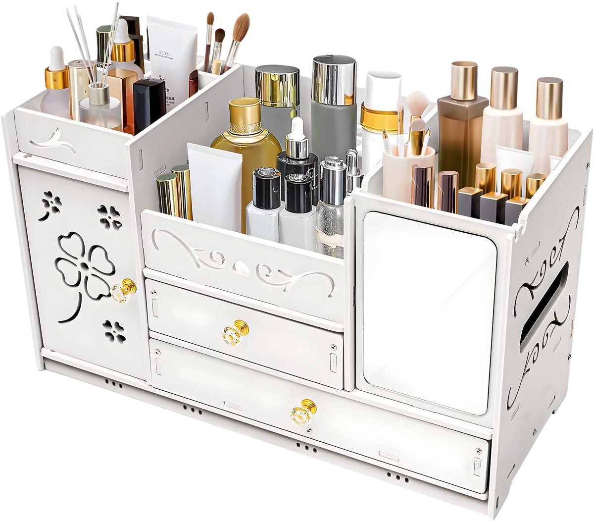 Make-up organizer – Voor cosmetica op kaptafel en badkamer – Met laden en spiegel – Wit